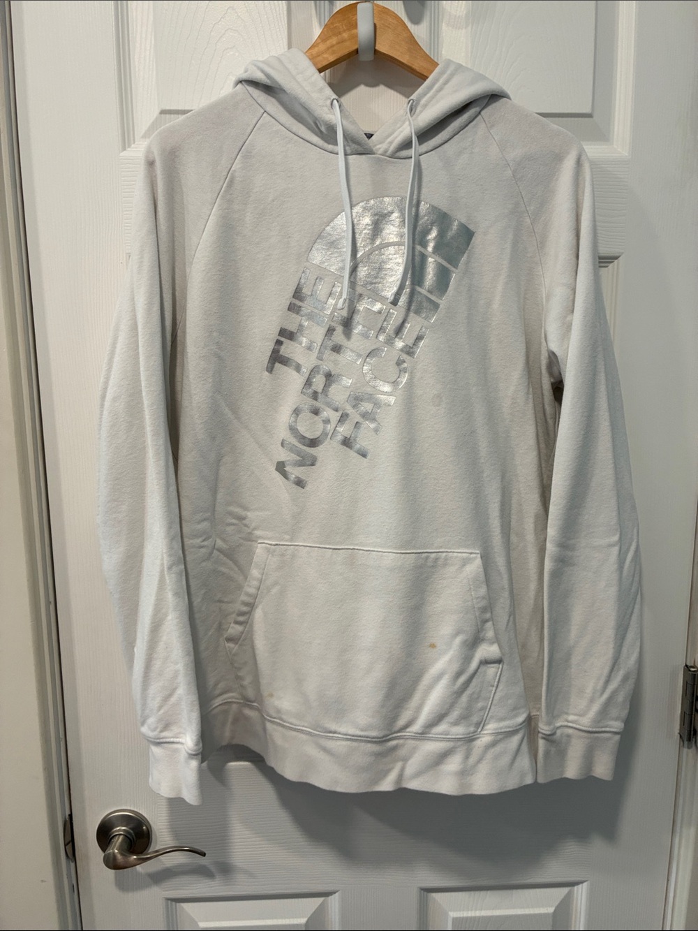 The North Face Men's Light Gray Crewneck Hoodie with Metallic Logo